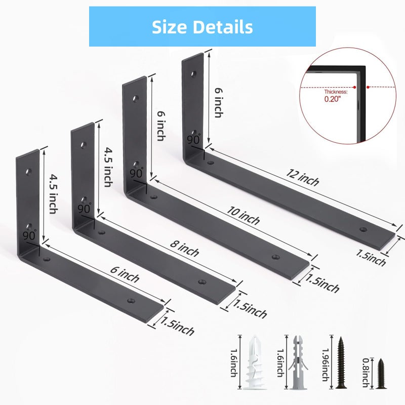 WEKIS 6 Pack Heavy Duty 8 Inch Black Shelf Brackets, L Shelf Bracket 8 Inch for Floating Shelves, 1/5-Inch Thick - Image 5